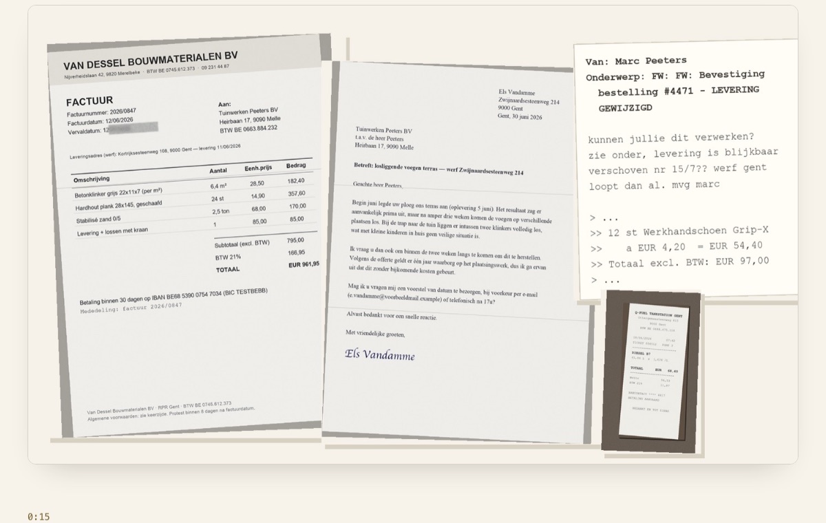 Paperflow-demo: vier rommelige documenten worden boekhoudklare data